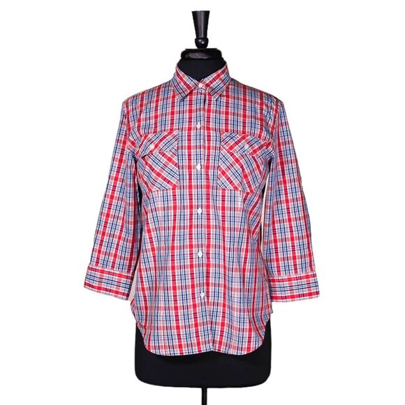 Chaps Ralph Lauren Women's Shirt Button Up Red Blue Plaid Check Blouse Top Large - Picture 1 of 8
